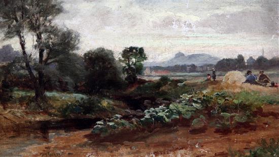 George Gray (19th C.) Harvesters at rest beside a river, 10 x 17.5in.